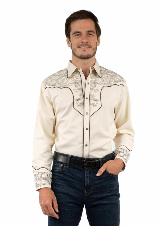 Western Scully 65% polyester 35% rayon Cream Paisley embroidered shirt - Scully Leather - Flyclothing LLC