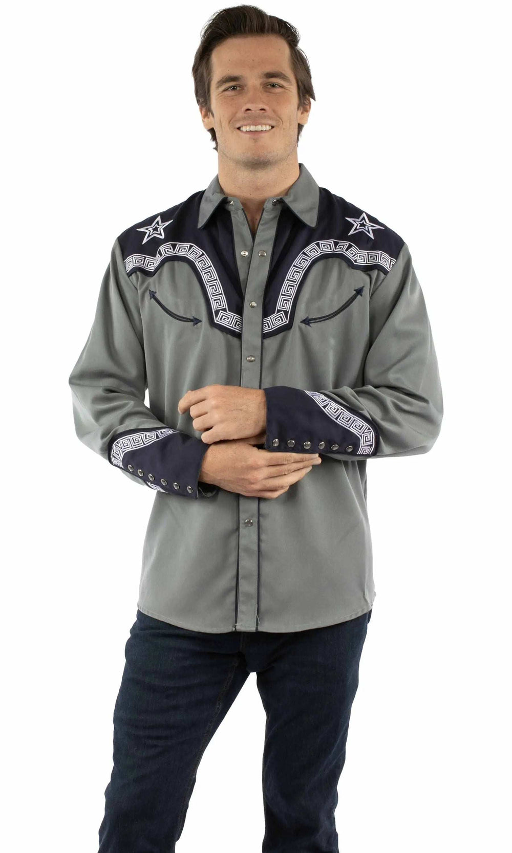 Western Scully 65% polyester 35% rayon Grey Geometric star shirt - Scully Leather - Flyclothing LLC