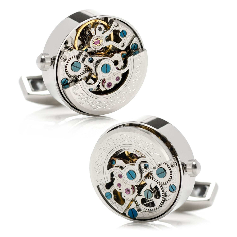 Silver Stainless Steel Kinetic Watch Movement Cufflinks - Cufflinks.com - Flyclothing LLC