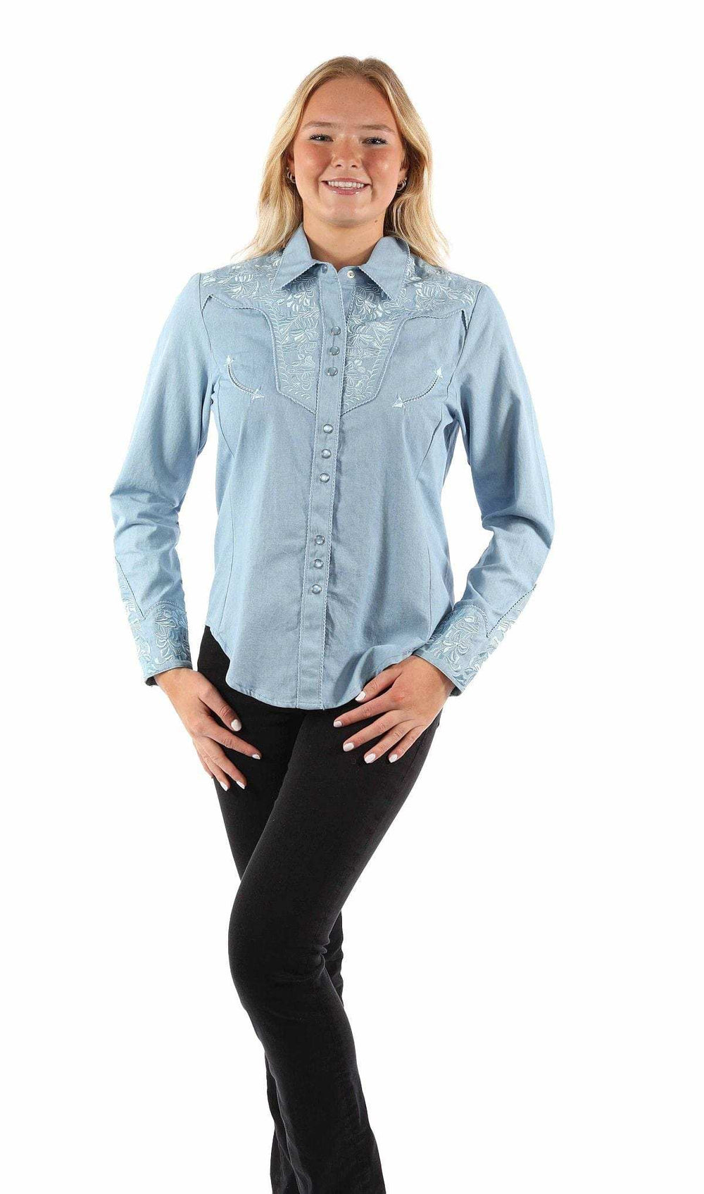 western scully light blue 35% rayon 65% polyester floral tooled emb. blouse - Scully Leather - Flyclothing LLC