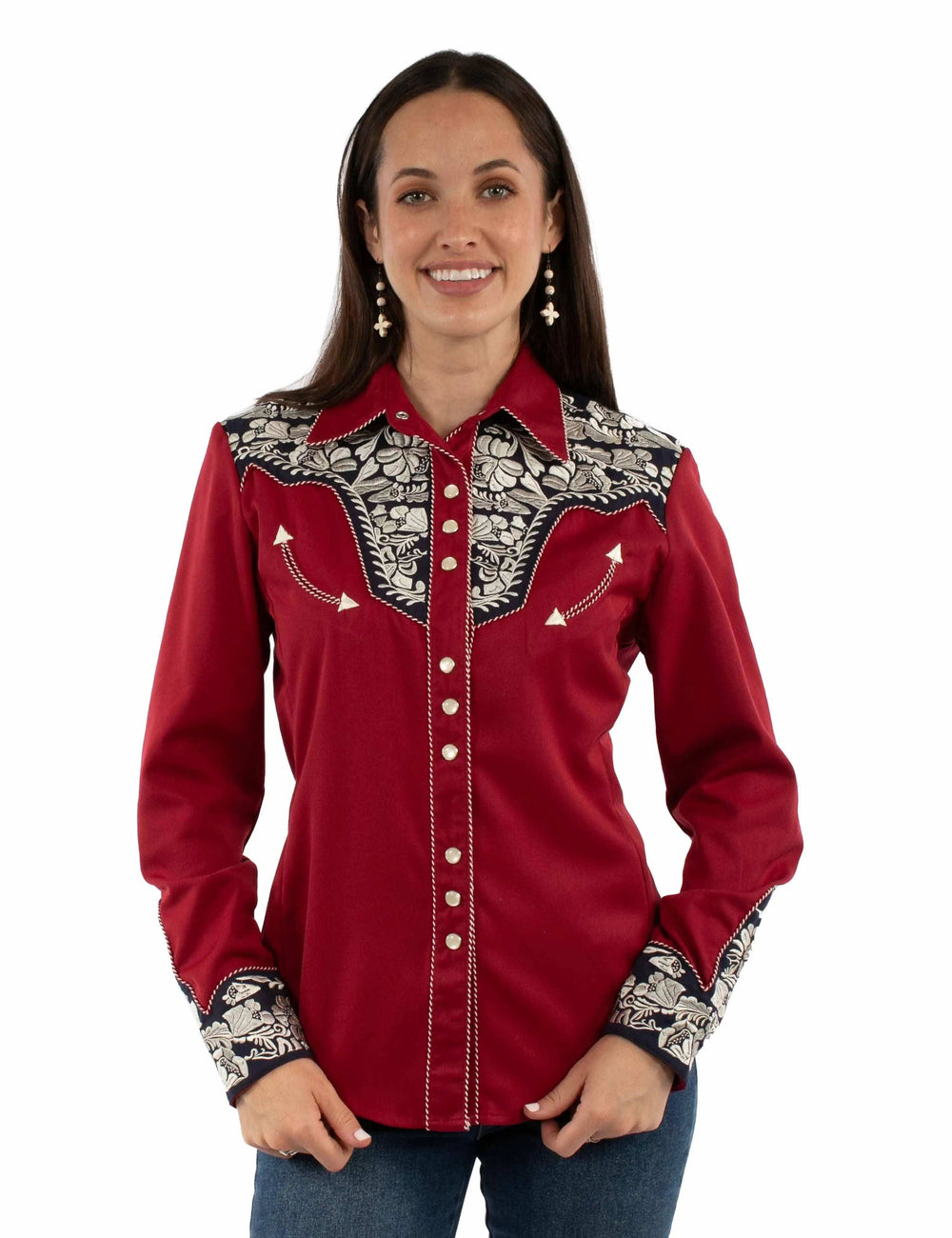 Western Scully Red White & Blue Floral Tooled Embroidered Blouse - Scully Leather - Flyclothing LLC