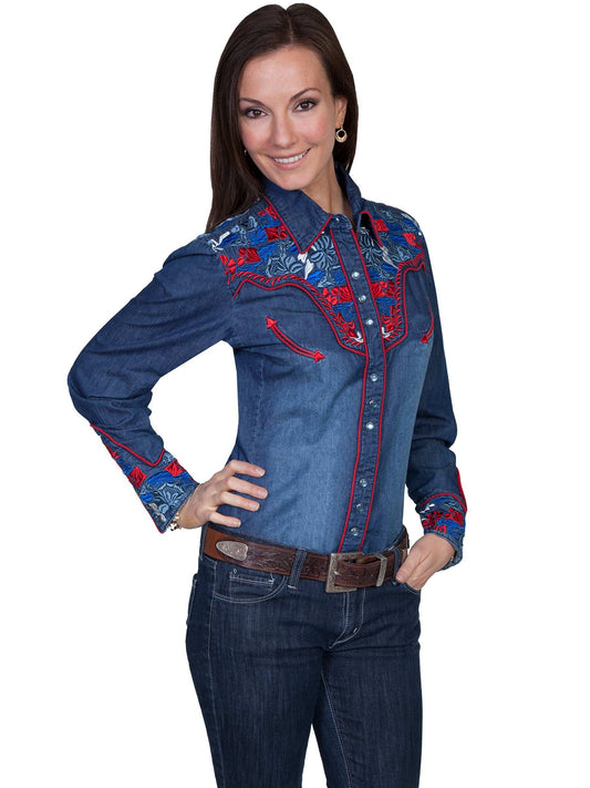 Scully DENIM COLORFUL FLORAL TOOLED EMBROIDERED SHIRT - Scully Leather - Flyclothing LLC