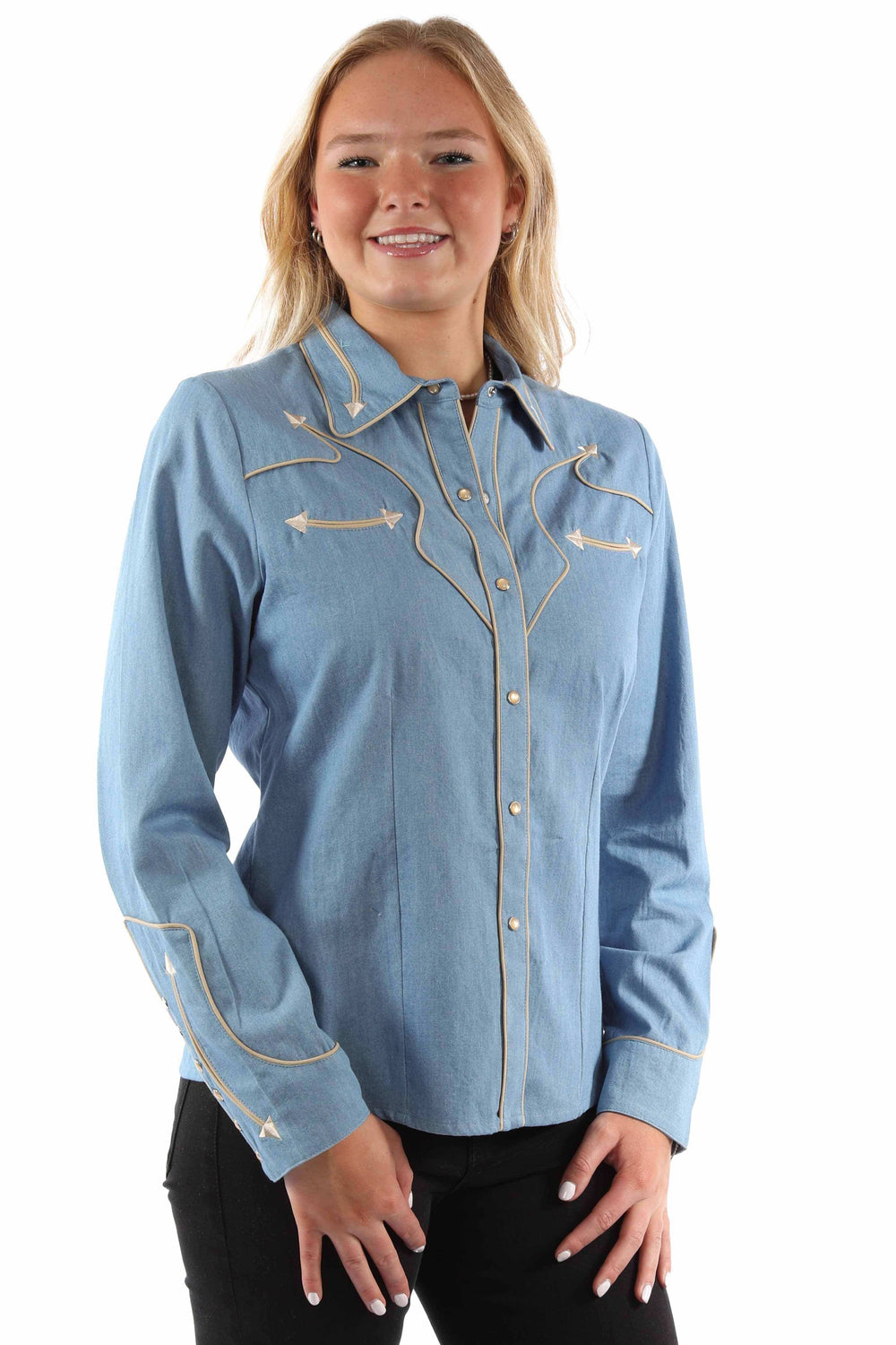 Western Scully 65% polyester 35% rayon Denim Solid blouse w/piping & arrow tips - Scully Leather - Flyclothing LLC