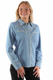 Western Scully 65% polyester 35% rayon Denim Solid blouse w/piping & arrow tips - Scully Leather - Flyclothing LLC