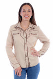 Western Scully 65% polyester 35% rayon Tan Solid blouse w/piping & arrow tips - Scully Leather - Flyclothing LLC