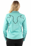 Western Scully 65% polyester 35% rayon Turquoise Solid blouse w/piping & arrow tips - Scully Leather - Flyclothing LLC
