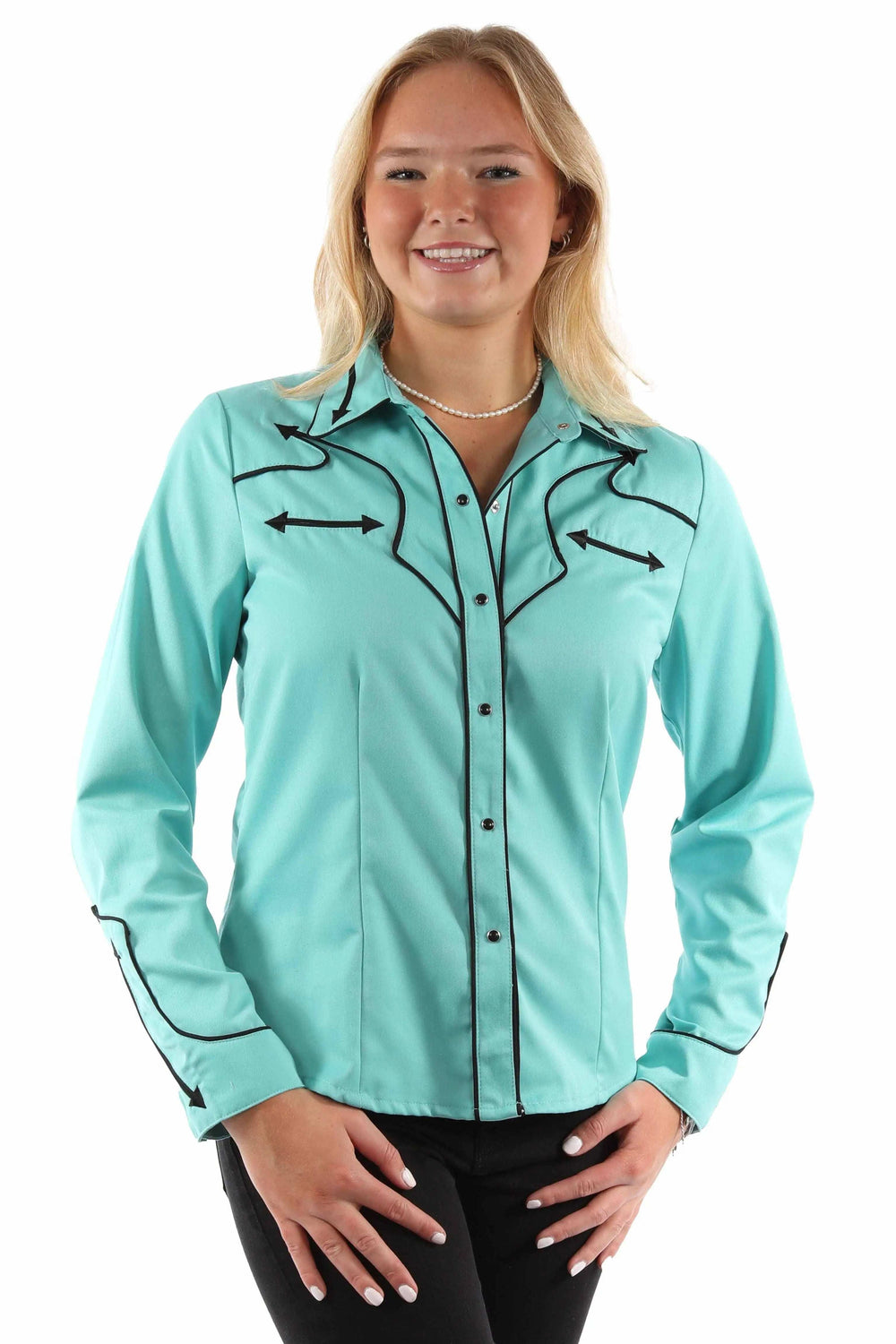 Western Scully 65% polyester 35% rayon Turquoise Solid blouse w/piping & arrow tips - Scully Leather - Flyclothing LLC