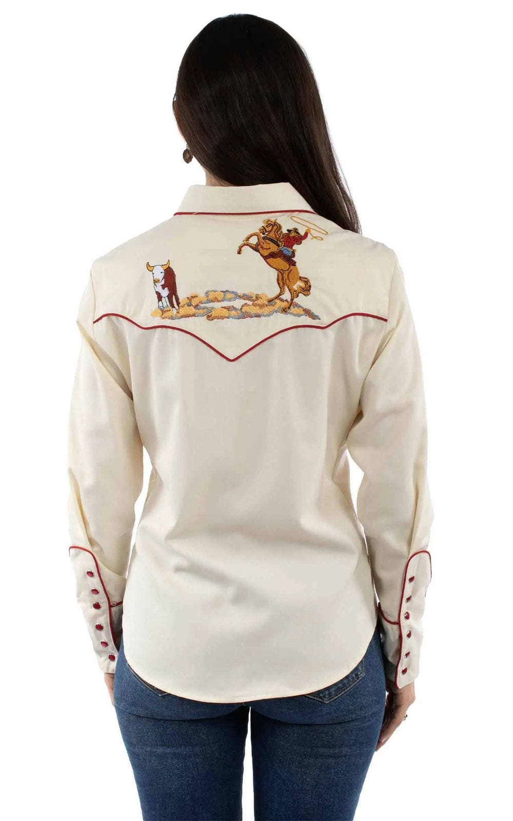 Western Scully 65% polyester 35% rayon Cream Cattle roper emb top - Scully Leather - Flyclothing LLC