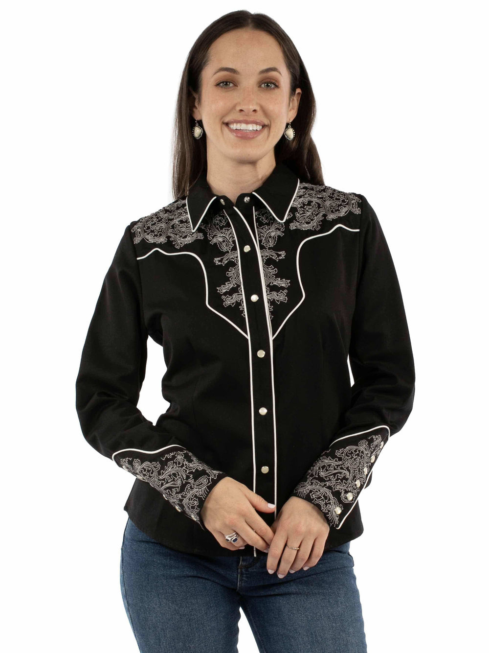Western Scully 65% polyester 35% rayon Black Paisley embroidered blouse - Scully Leather - Flyclothing LLC