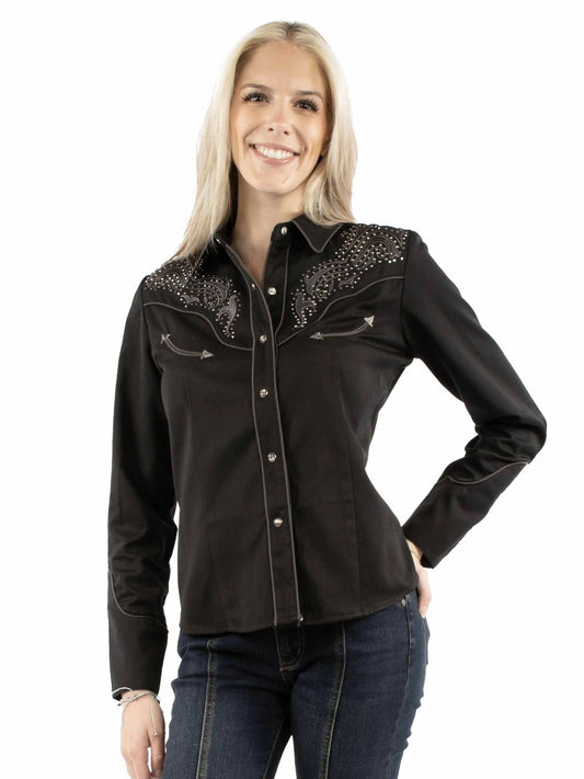 Western Scully 65% polyester 35% rayon Black Emb blouse w/heat transfer design - Scully Leather - Flyclothing LLC