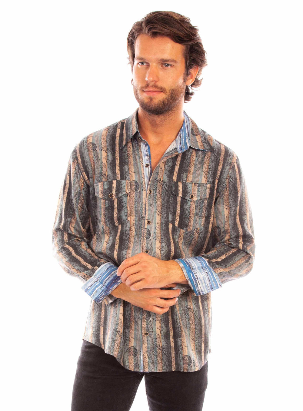 Scully Leather taupe paisley stripe tencel shirt - Scully Leather - Flyclothing LLC