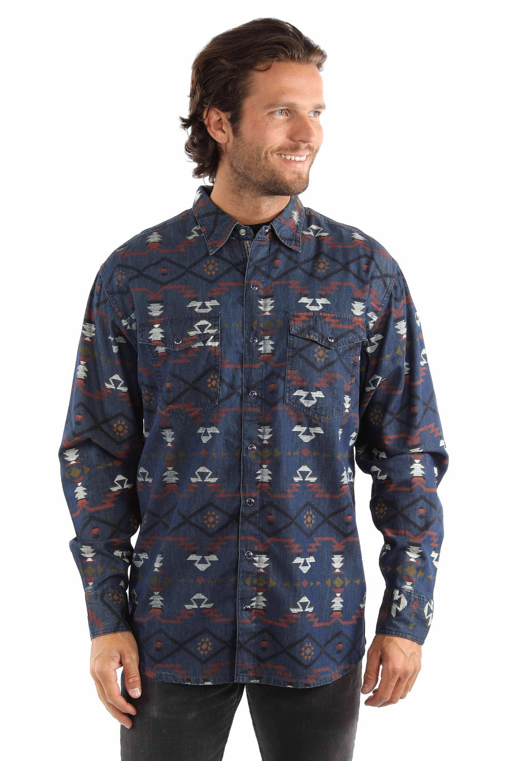 western scully blue 100% cotton southwest printed signature shirt - Scully Leather - Flyclothing LLC