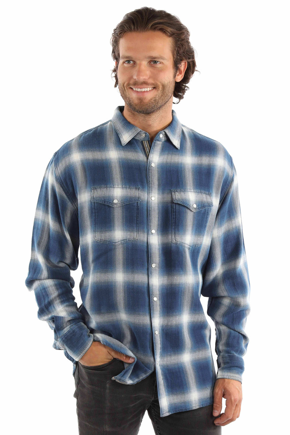 Western Scully 100% cotton Blue Herringbone check weave signature - Scully Leather - Flyclothing LLC