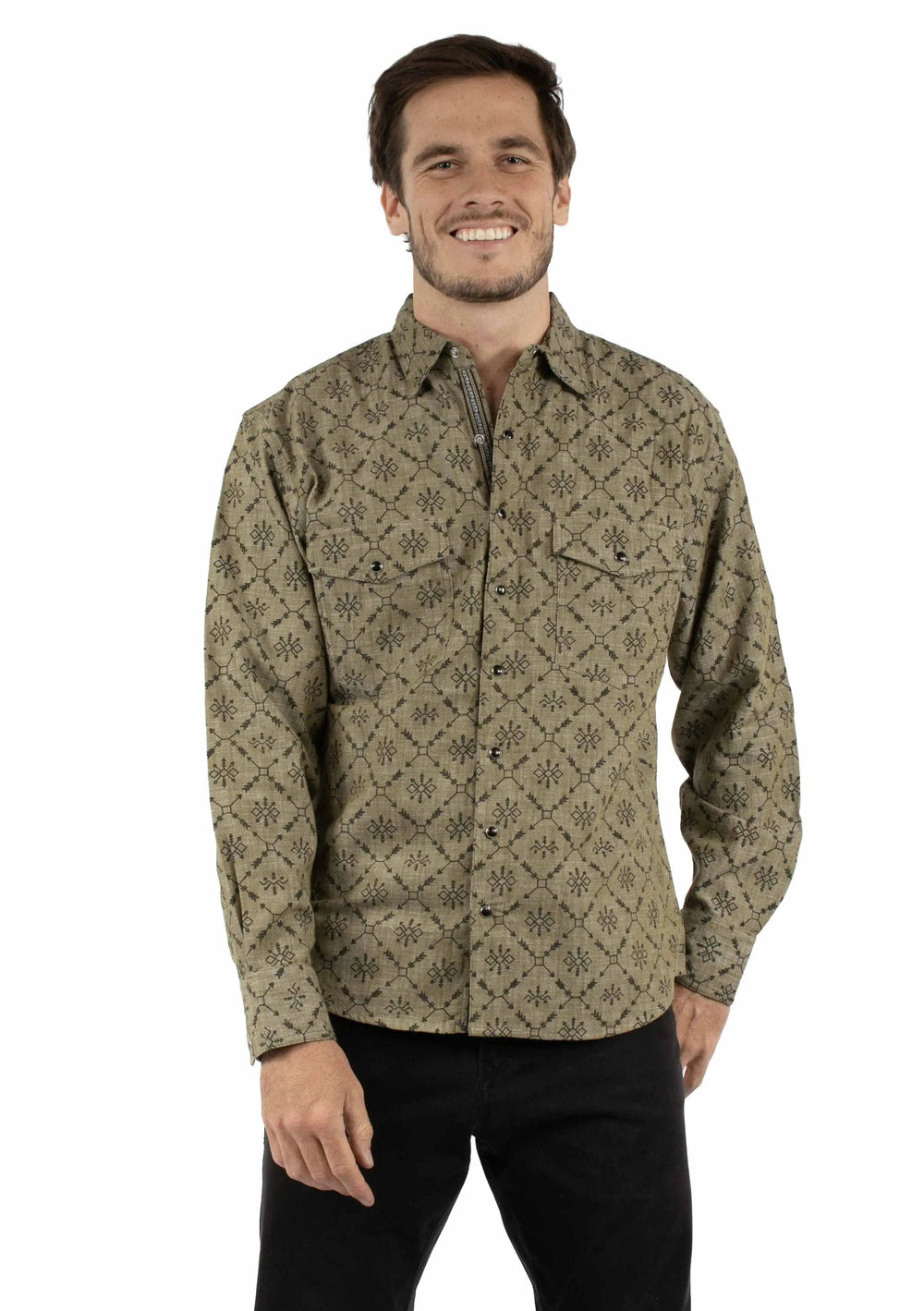 Western Scully 100% cotton Olive Arrow print chambray - Scully Leather - Flyclothing LLC