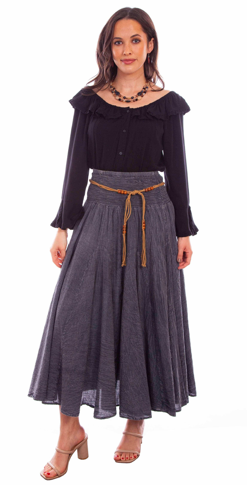 Cantina charcoal acid wash skirt w/beaded cord belt - Scully Leather - Flyclothing LLC