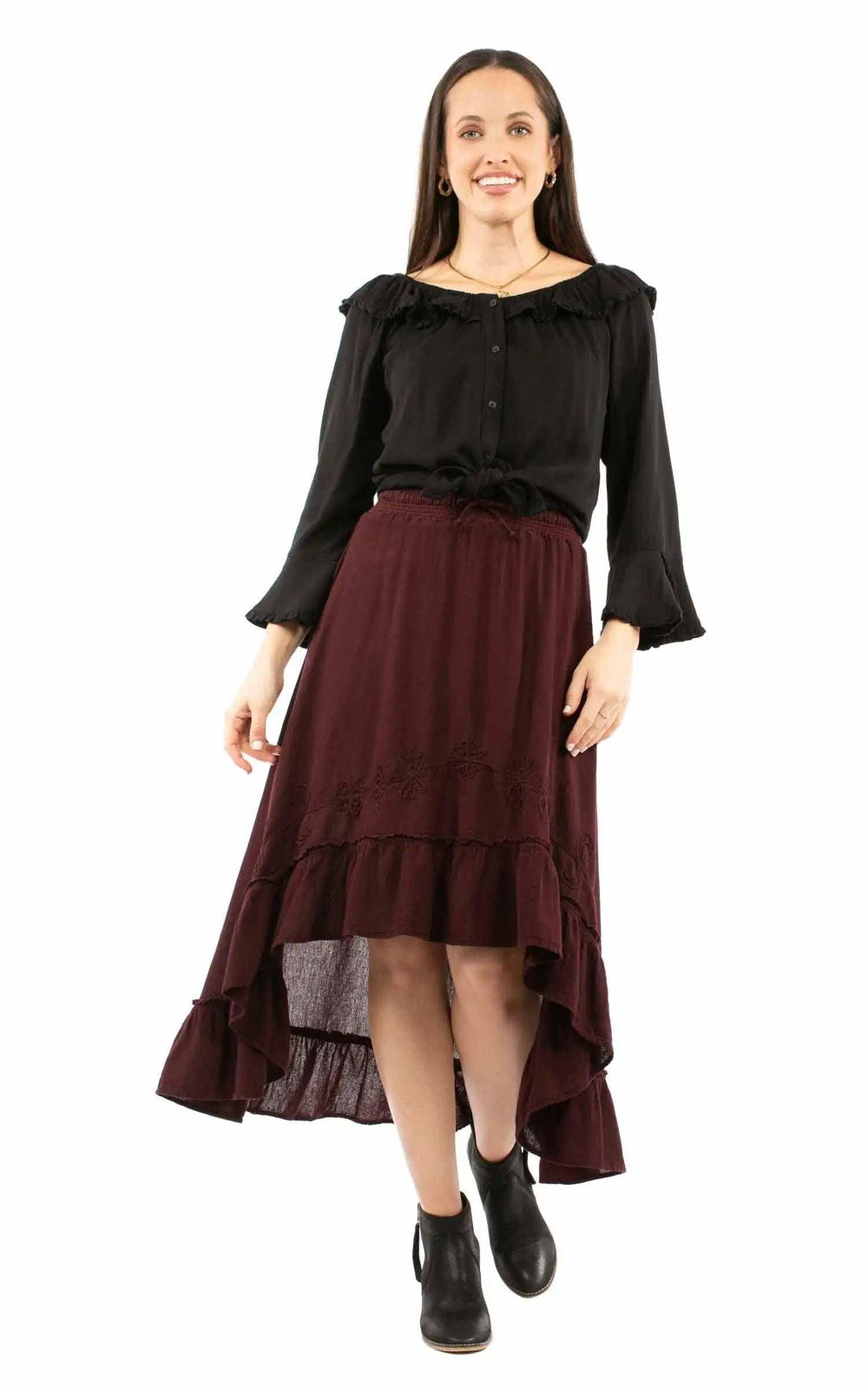 Cantina 100% cotton Burgundy Hi/lo skirt with ruffle bottom - Scully Leather - Flyclothing LLC