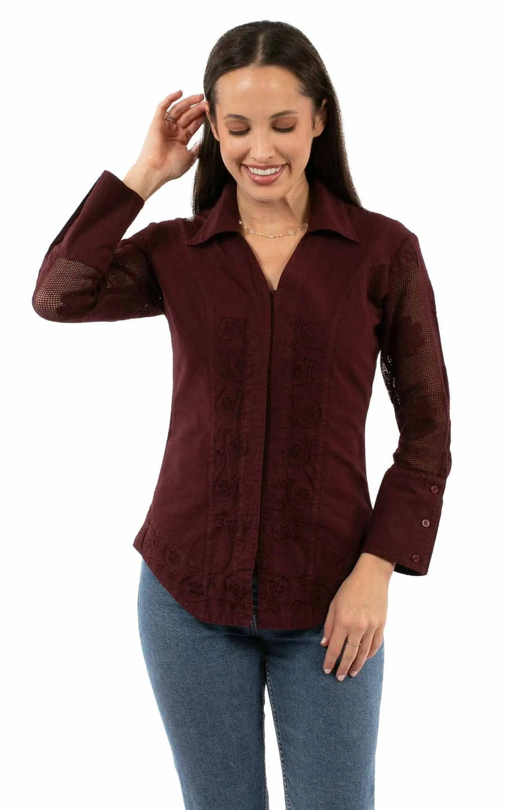 Cantina 100% cotton Burgundy Emb. Blouse w/mesh sleeves - Scully Leather - Flyclothing LLC