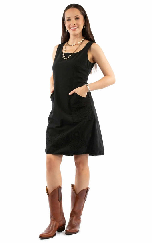 Cantina 100% cotton Black Sleeveless dress w/pockets & emb - Scully Leather - Flyclothing LLC
