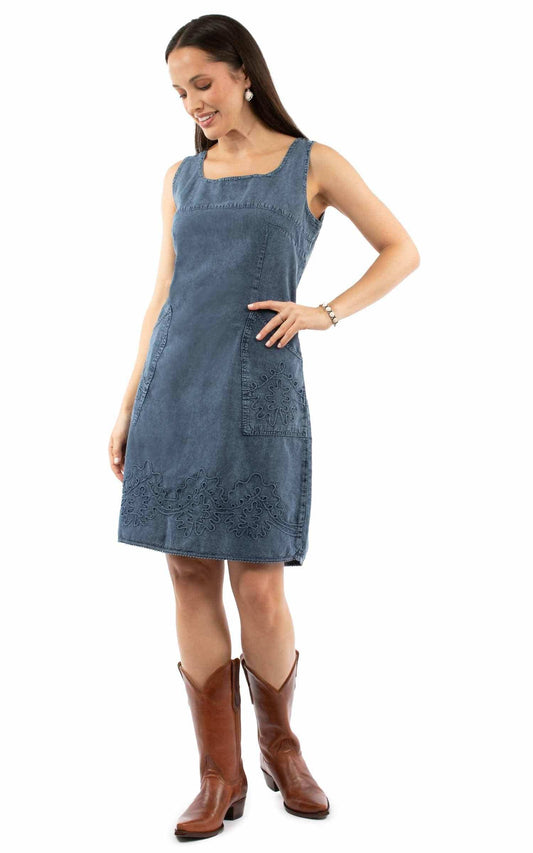 Cantina 100% cotton Dark blue Sleeveless dress w/pockets & emb - Scully Leather - Flyclothing LLC