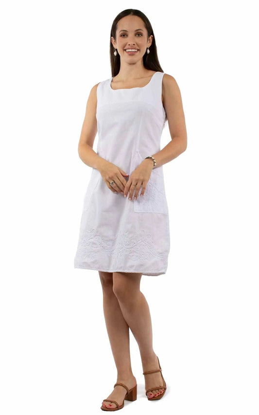 Cantina 100% cotton White Sleeveless dress w/pockets & emb - Scully Leather - Flyclothing LLC
