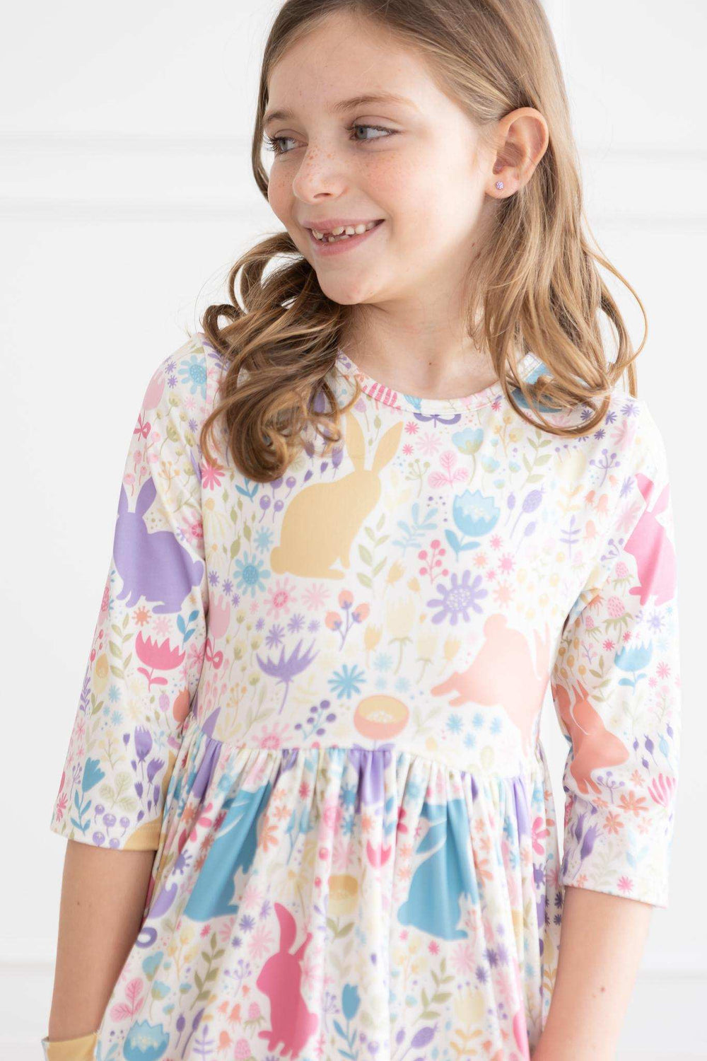 Pastel Floral Bunnies 3/4 Sleeve Pocket Twirl Dress - Mila & Rose ® - Flyclothing LLC