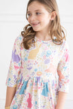 Pastel Floral Bunnies 3/4 Sleeve Pocket Twirl Dress - Mila & Rose ® - Flyclothing LLC
