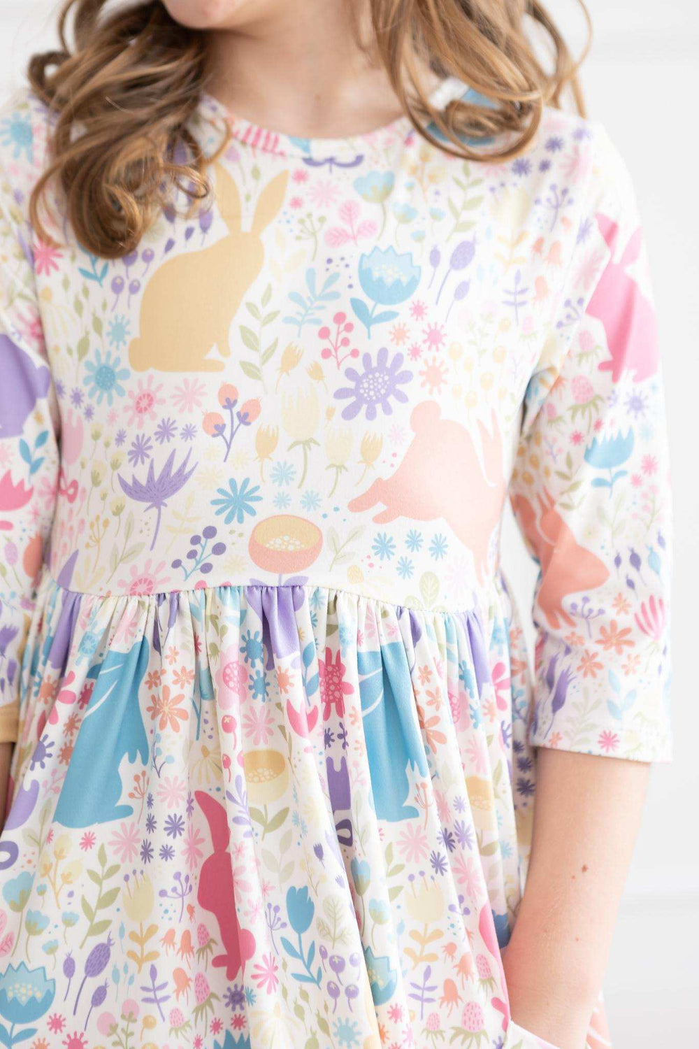 Pastel Floral Bunnies 3/4 Sleeve Pocket Twirl Dress - Mila & Rose ® - Flyclothing LLC