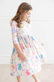 Pastel Floral Bunnies 3/4 Sleeve Pocket Twirl Dress - Mila & Rose ® - Flyclothing LLC