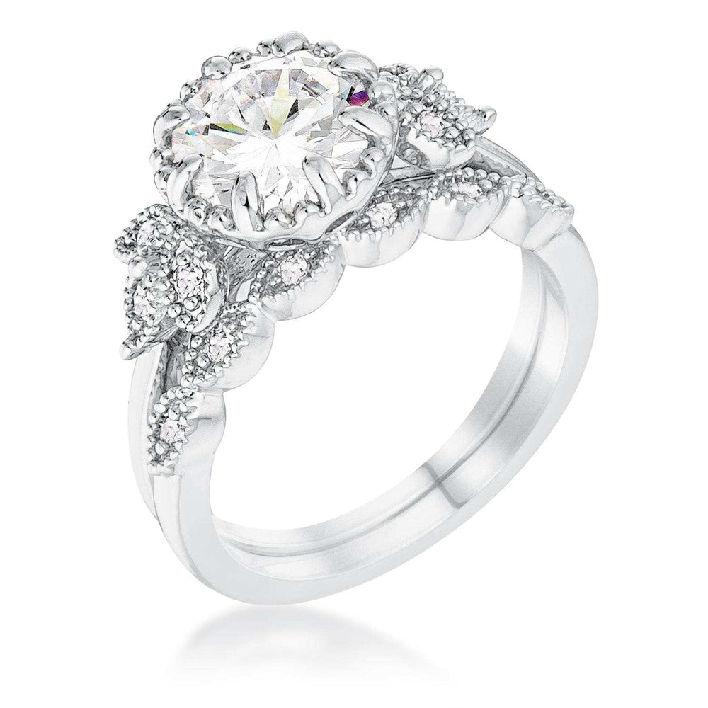 2.25Ct Rhodium Plated Round Cut CZ Trio Laurel Leaf Engagement Set - JGI - Flyclothing LLC