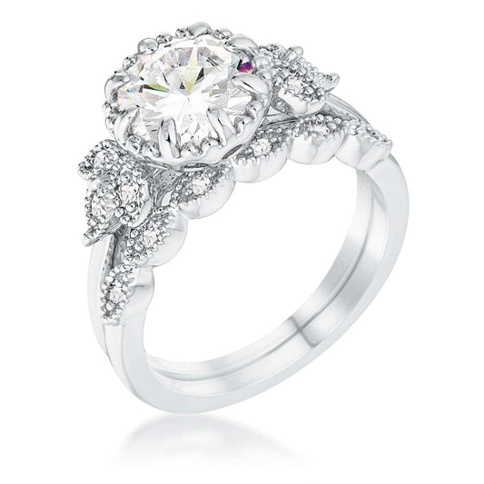 2.25Ct Rhodium Plated Round Cut CZ Trio Laurel Leaf Engagement Set - JGI - Flyclothing LLC