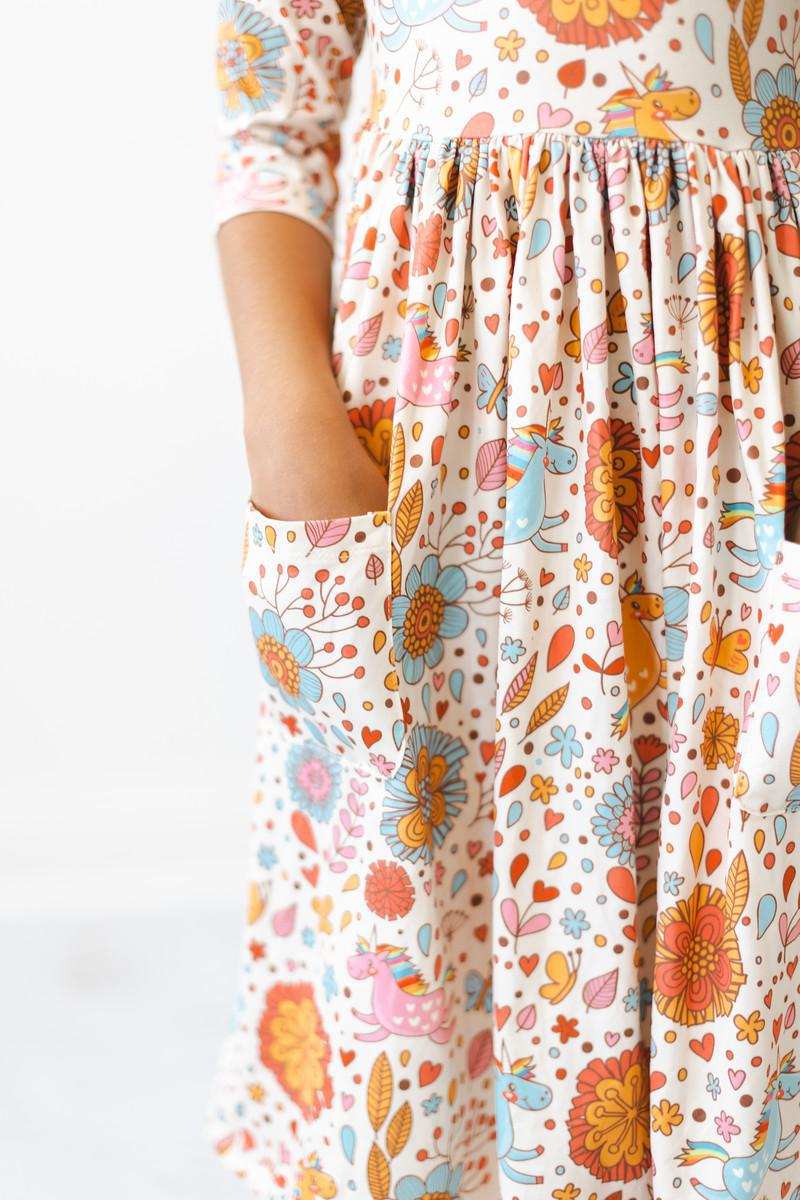 Retro Unicorns 3/4 Sleeve Pocket Twirl Dress - Mila & Rose ® - Flyclothing LLC