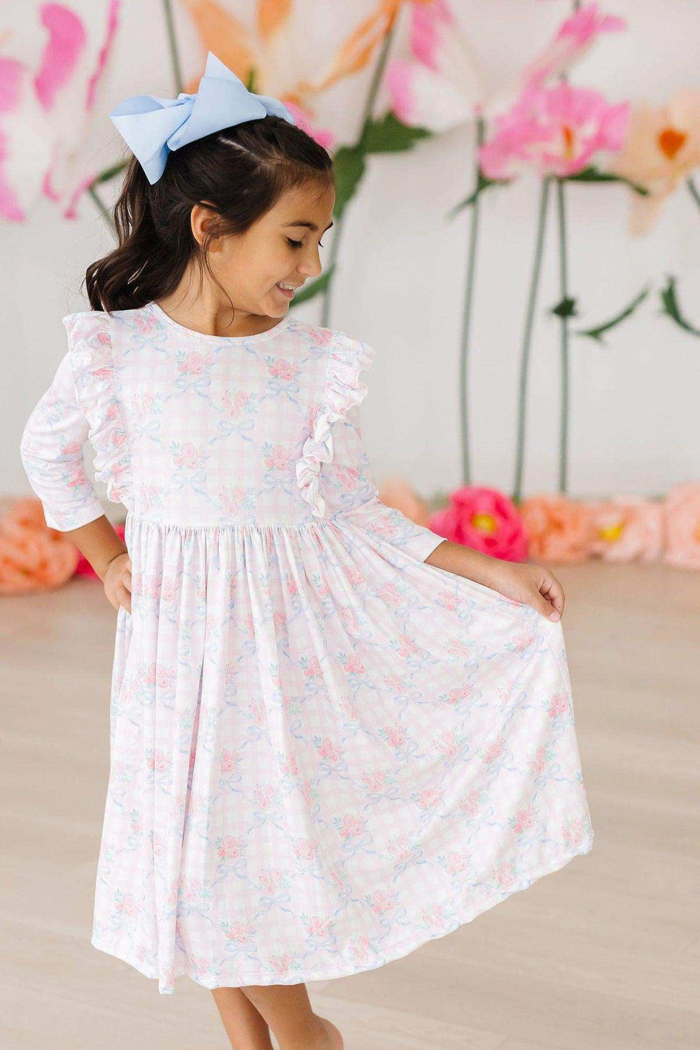 Ribbons & Roses 3/4 Sleeve Ruffle Twirl Dress - Mila & Rose ® - Flyclothing LLC