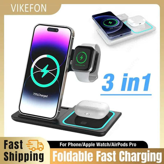 3 In 1 Wireless Charger Foldable LED Light Phone Stand For iPhone 16 15 14 13 12 Apple Watch10-2 AirPods Fast Charging Station - ZeeBelle.com - Flyclothing LLC