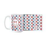 4th of July 15oz Checkered Smiley Face Sublimated Mug - Logo Brands - Flyclothing LLC