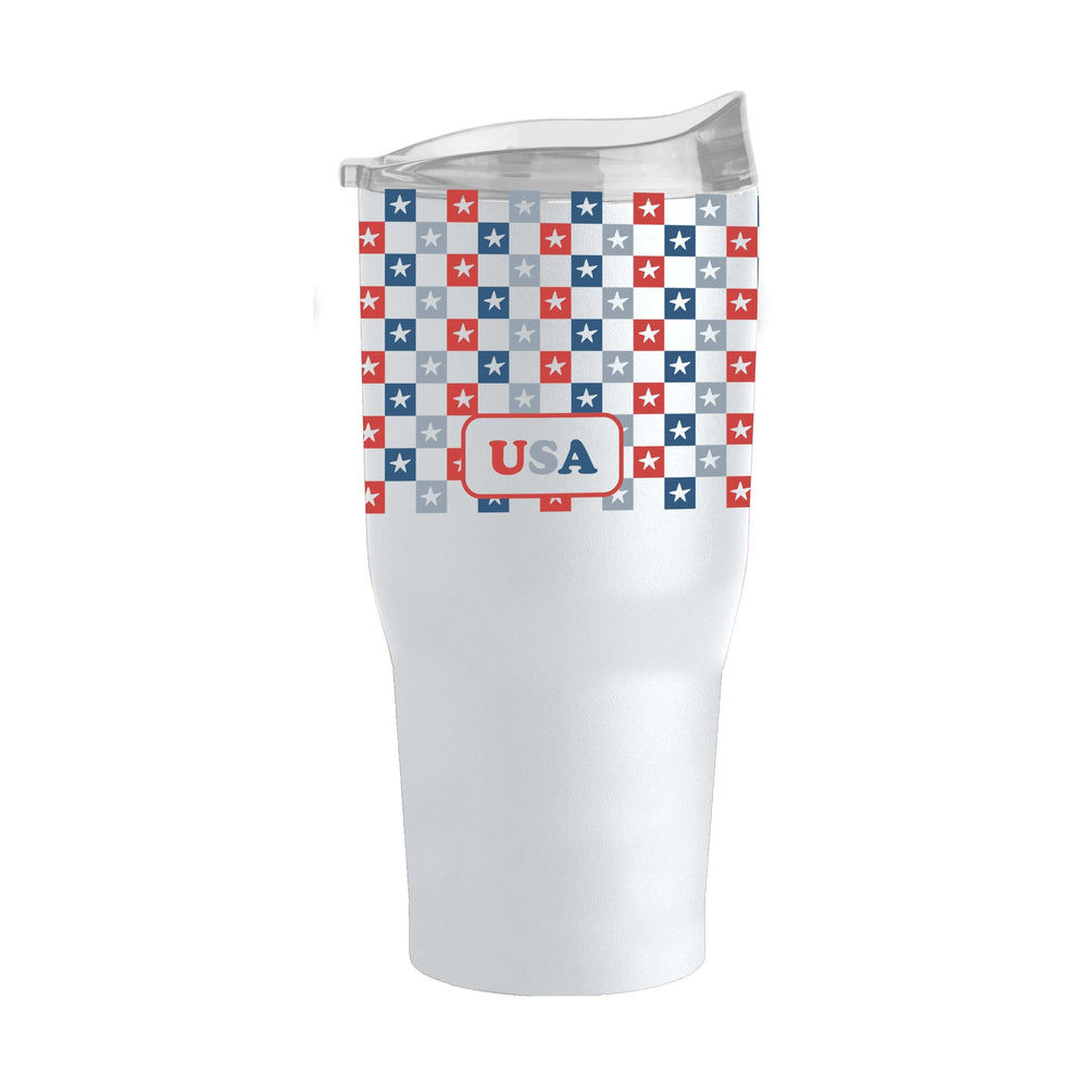 4th of July 30oz White Checkered Smiley Face Powder Coat Tumbler - Logo Brands - Flyclothing LLC