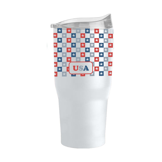 4th of July 30oz White Checkered Smiley Face Powder Coat Tumbler - Logo Brands - Flyclothing LLC