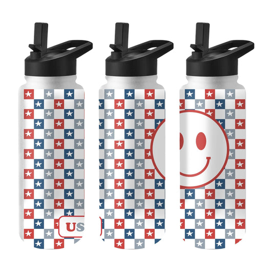 4th of July 34oz White Checkered Smiley Face Quencher Bottle - Logo Brands - Flyclothing LLC