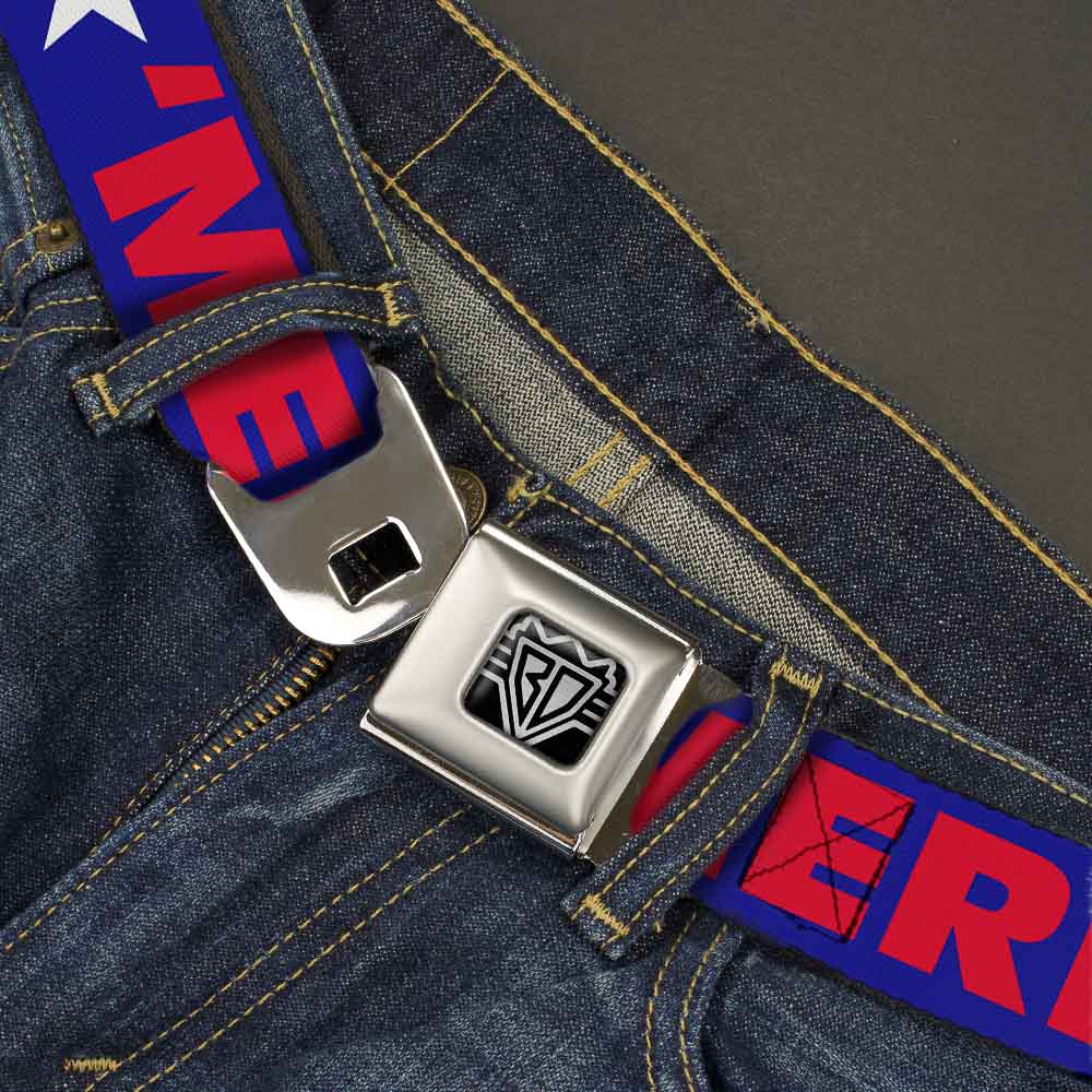BD Wings Logo CLOSE-UP Full Color Black Silver Seatbelt Belt - 'MERICA/Star Blue/Red/White Webbing - Buckle-Down - Flyclothing LLC