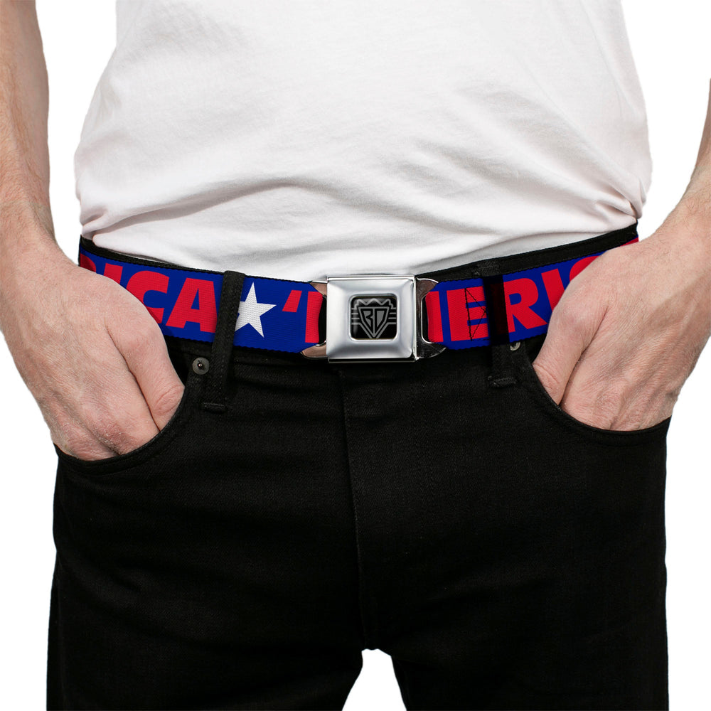 BD Wings Logo CLOSE-UP Full Color Black Silver Seatbelt Belt - 'MERICA/Star Blue/Red/White Webbing - Buckle-Down - Flyclothing LLC