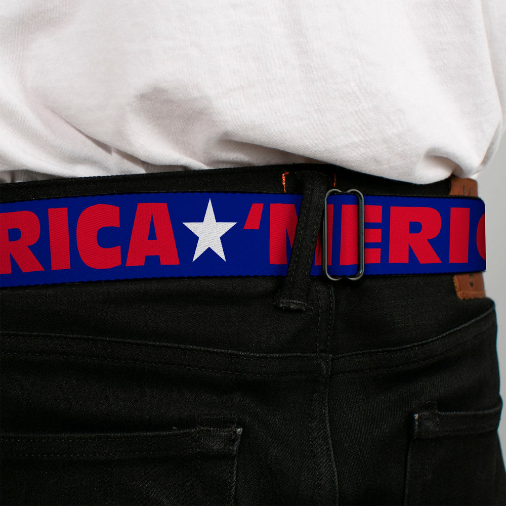 BD Wings Logo CLOSE-UP Full Color Black Silver Seatbelt Belt - 'MERICA/Star Blue/Red/White Webbing - Buckle-Down - Flyclothing LLC