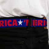 BD Wings Logo CLOSE-UP Full Color Black Silver Seatbelt Belt - 'MERICA/Star Blue/Red/White Webbing - Buckle-Down - Flyclothing LLC