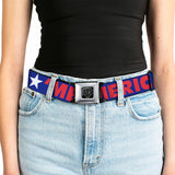 BD Wings Logo CLOSE-UP Full Color Black Silver Seatbelt Belt - 'MERICA/Star Blue/Red/White Webbing - Buckle-Down - Flyclothing LLC