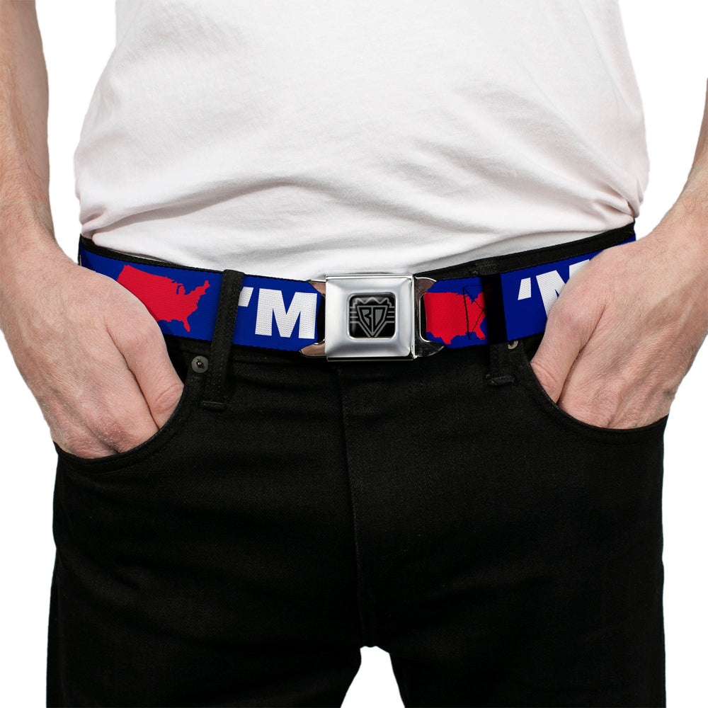 BD Wings Logo CLOSE-UP Full Color Black Silver Seatbelt Belt - 'MERICA/USA Silhouette Blue/White/Red Webbing - Buckle-Down - Flyclothing LLC