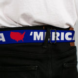 BD Wings Logo CLOSE-UP Full Color Black Silver Seatbelt Belt - 'MERICA/USA Silhouette Blue/White/Red Webbing - Buckle-Down - Flyclothing LLC