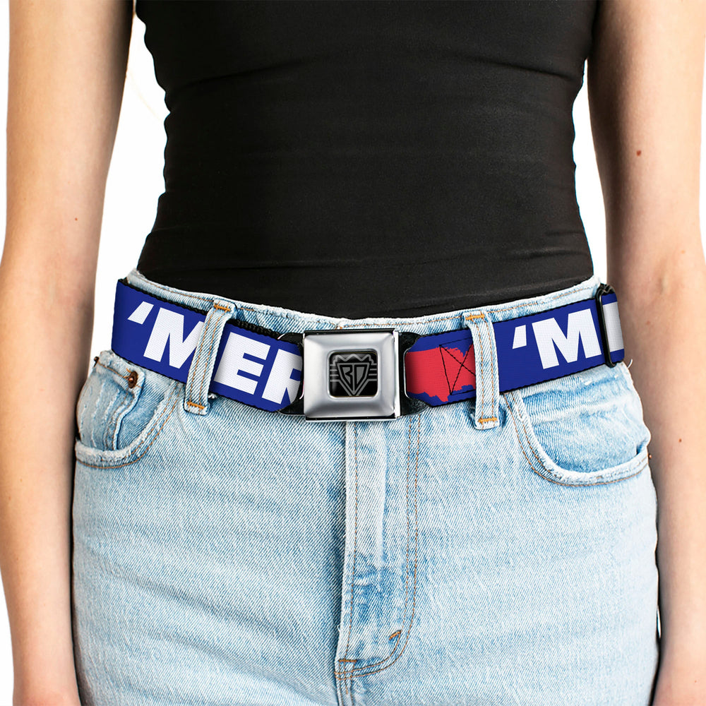 BD Wings Logo CLOSE-UP Full Color Black Silver Seatbelt Belt - 'MERICA/USA Silhouette Blue/White/Red Webbing - Buckle-Down - Flyclothing LLC