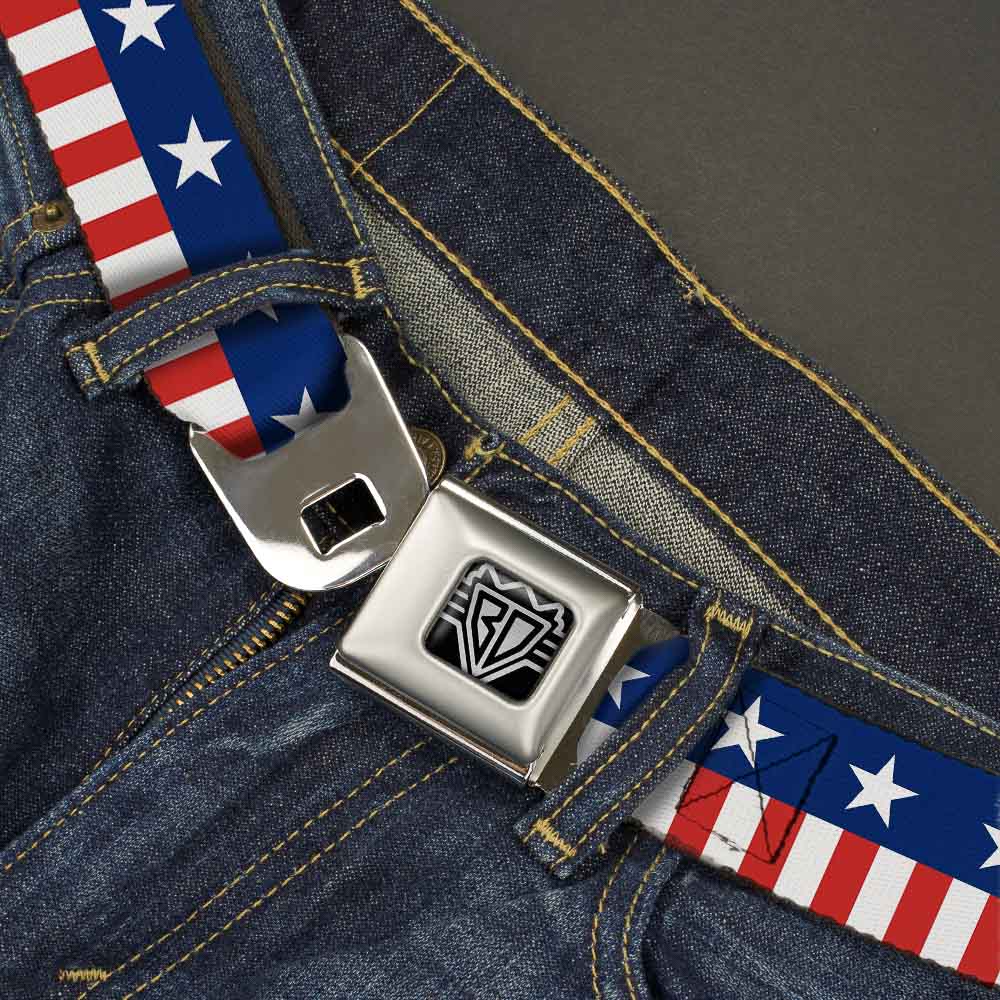 BD Wings Logo CLOSE-UP Full Color Black Silver Seatbelt Belt - Americana Stars & Stripes2 Blue/White/Red/White Webbing - Buckle-Down - Flyclothing LLC