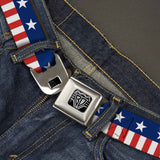 BD Wings Logo CLOSE-UP Full Color Black Silver Seatbelt Belt - Americana Stars & Stripes2 Blue/White/Red/White Webbing - Buckle-Down - Flyclothing LLC