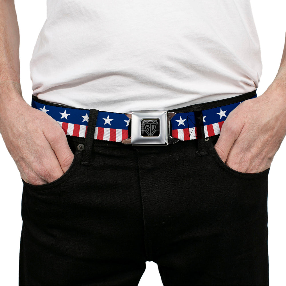 BD Wings Logo CLOSE-UP Full Color Black Silver Seatbelt Belt - Americana Stars & Stripes2 Blue/White/Red/White Webbing - Buckle-Down - Flyclothing LLC