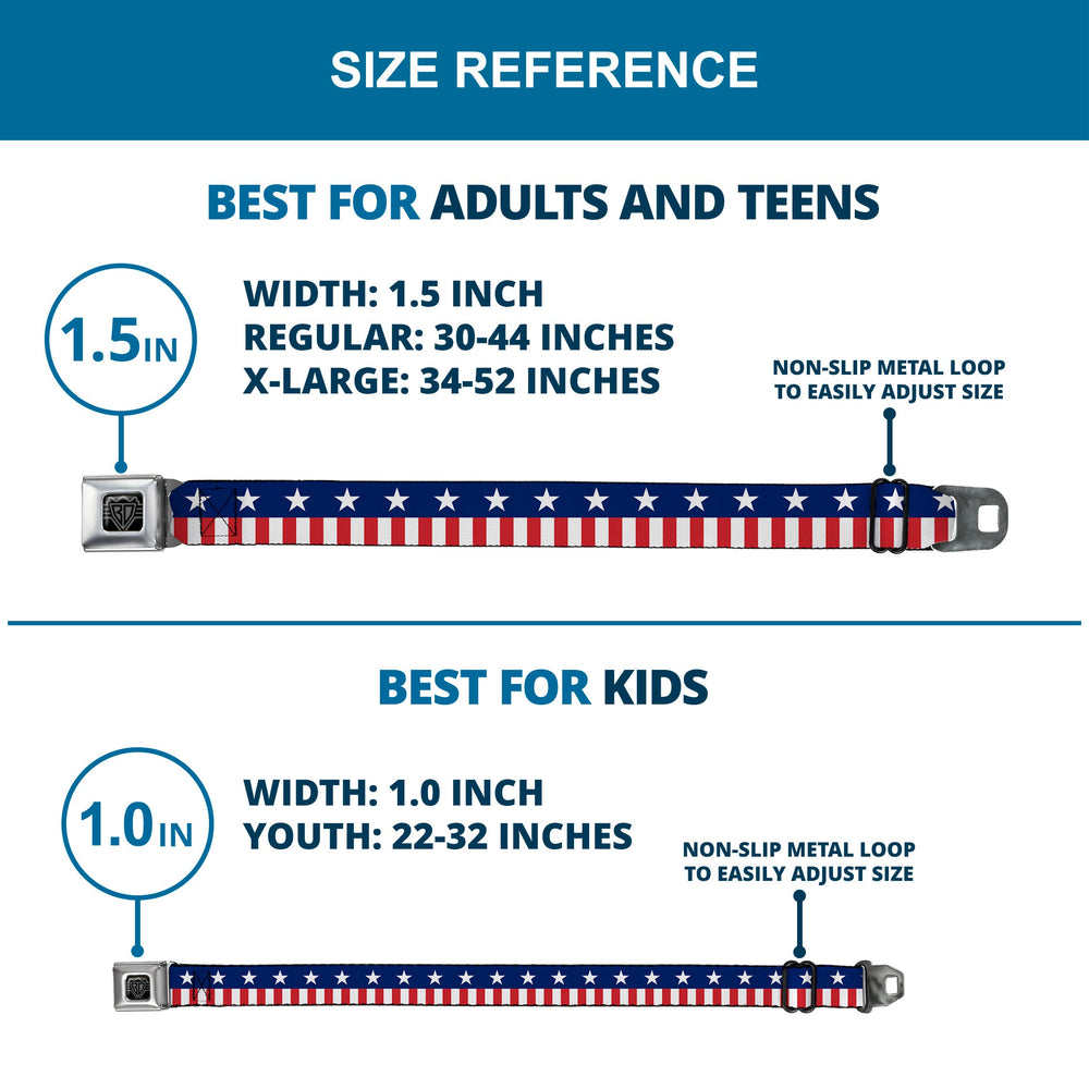 BD Wings Logo CLOSE-UP Full Color Black Silver Seatbelt Belt - Americana Stars & Stripes2 Blue/White/Red/White Webbing - Buckle-Down - Flyclothing LLC