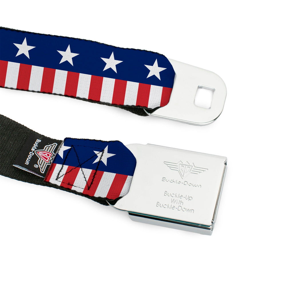 BD Wings Logo CLOSE-UP Full Color Black Silver Seatbelt Belt - Americana Stars & Stripes2 Blue/White/Red/White Webbing - Buckle-Down - Flyclothing LLC